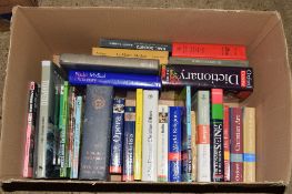 BOX OF BOOKS MAINLY REFERENCE, INCLUDING DICTIONARY OF MODERN SLANG, OXFORD DICTIONARY ETC