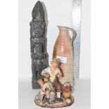 POTTERY BOTTLE, FIGURE AND A TRIBAL ART CARVING