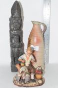 POTTERY BOTTLE, FIGURE AND A TRIBAL ART CARVING