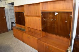 THREE MATCHING RETRO TEAK EFFECT SIDE CABINETS COMPRISING TWO DISPLAY CABINETS WITH SMOKED GLASS