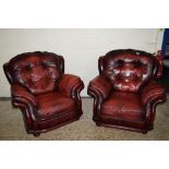 PAIR OF OXBLOOD LEATHER UPHOLSTERED ARMCHAIRS, WIDTH OF EACH APPROX 101CM MAX