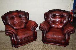 PAIR OF OXBLOOD LEATHER UPHOLSTERED ARMCHAIRS, WIDTH OF EACH APPROX 101CM MAX