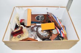 BOX CONTAINING TROPHIES, MAINLY FOR RIFLE SHOOTING