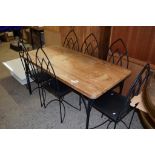 MODERN METAL FRAMED AND PINE TOPPED SET OF DINING TABLE AND CHAIRS, TABLE TOP APPROX 153 X 77CM