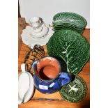CERAMICS INCLUDING BLUE GROUND POTTERY JUG, GREEN GROUND CABBAGE LEAF MOULDED DISH AND SMALL
