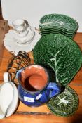 CERAMICS INCLUDING BLUE GROUND POTTERY JUG, GREEN GROUND CABBAGE LEAF MOULDED DISH AND SMALL