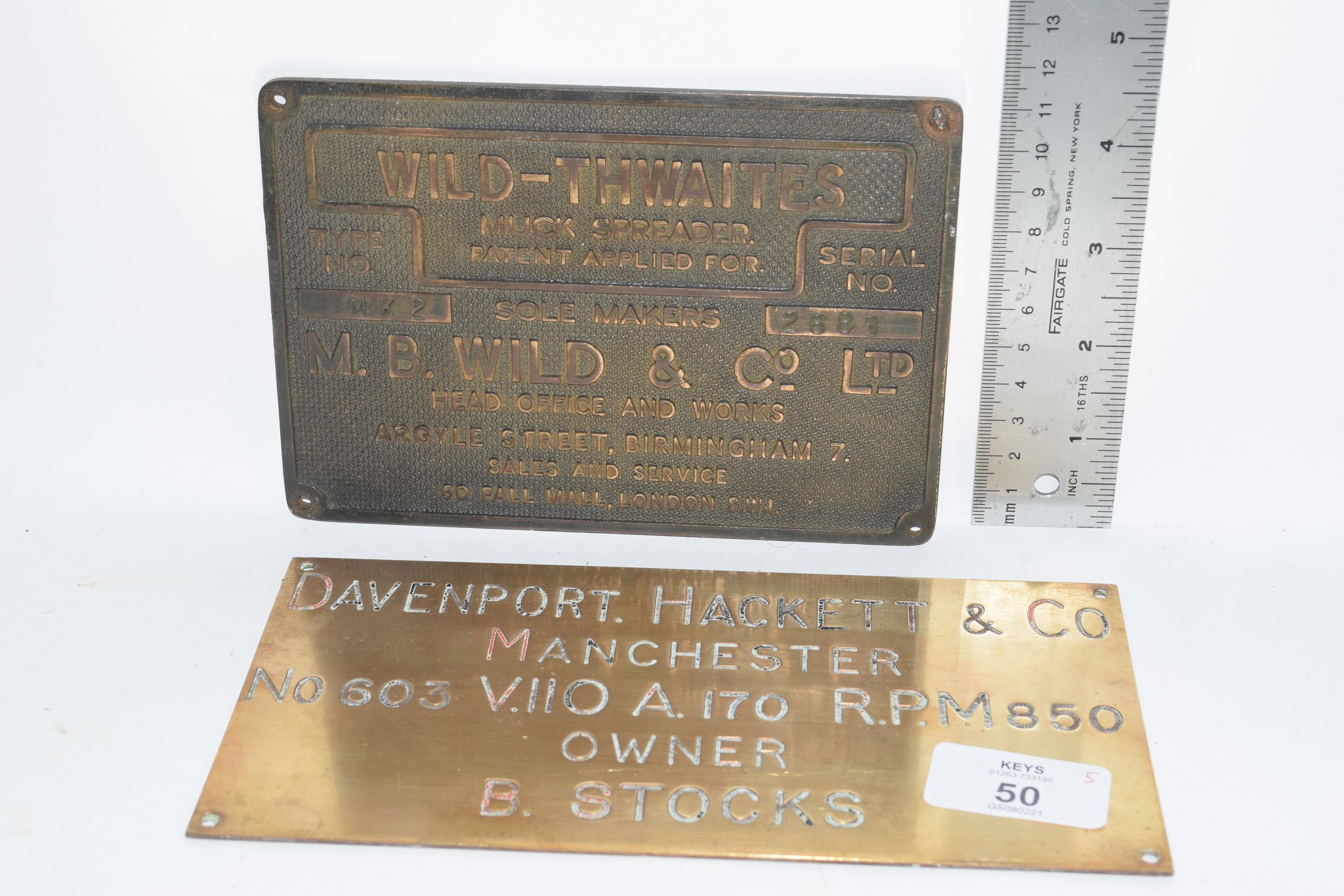 TWO METAL PLATES, ONE FOR WILD THWAITES MUCK SPREADER AND ONE ENTITLED DAVENPORT HACKER & CO