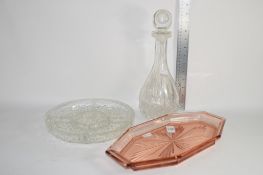 GLASS WARES INCLUDING A CUT GLASS DECANTER AND TWO SERVING DISHES ETC