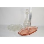 GLASS WARES INCLUDING A CUT GLASS DECANTER AND TWO SERVING DISHES ETC