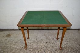 REPRODUCTION MAHOGANY FINISH CARD TABLE WITH CROSS BANDED DECORATION, WIDTH APPROX 84CM