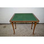 REPRODUCTION MAHOGANY FINISH CARD TABLE WITH CROSS BANDED DECORATION, WIDTH APPROX 84CM