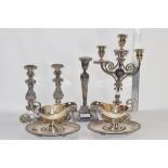 SILVER PLATED WARES INCLUDING PAIR OF CANDLESTICKS IN ROCOCO STYLE, NEO-CLASSICAL CANDLESTICK,