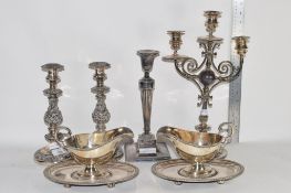 SILVER PLATED WARES INCLUDING PAIR OF CANDLESTICKS IN ROCOCO STYLE, NEO-CLASSICAL CANDLESTICK,