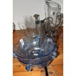 TWO BLUE GLASS FRUIT BOWLS TOGETHER WITH OTHER GLASS WARES AND PLATED CANDELABRA