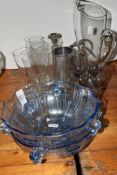TWO BLUE GLASS FRUIT BOWLS TOGETHER WITH OTHER GLASS WARES AND PLATED CANDELABRA