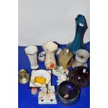 CERAMIC ITEMS, VARIOUS VASES, PILL BOX AND COVER AND A GLASS VASE