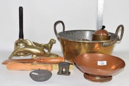 METAL WARES, BRASS MODEL OF A DOG AND A DOLPHIN, BRASS BELL ETC