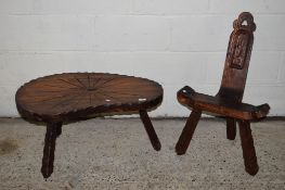 SMALL RUSTIC STYLE COFFEE TABLE, LENGTH APPROX 79CM, TOGETHER WITH A SIMILAR CARVED CHAIR, HEIGHT