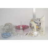 CERAMICS AND GLASS WARE INCLUDING MODEL OF A DOLPHIN AND TWO WEDGWOOD HEART SHAPED PIN DISHES