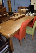 LARGE SOLID MODERN OAK DINING TABLE, APPROX 245 X 90CM, TOGETHER WITH A SET OF SIX BI-COLOURED