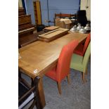 LARGE SOLID MODERN OAK DINING TABLE, APPROX 245 X 90CM, TOGETHER WITH A SET OF SIX BI-COLOURED