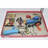 BOX CONTAINING METAL TOYS AND FIGURES, MAINLY FARMYARD INCLUDING TRACTOR AND TRAILER