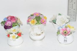 SIX CERAMIC SMALL FLOWER VASES BY CROWN STAFFORDSHIRE, AYNSLEY AND OTHERS