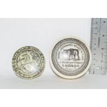 SMALL PLASTIC BOX CONTAINING TWO POT LID COVERS, ONE FOR JAMES ATKINSON'S BEAR'S GREASE, OLD BOND