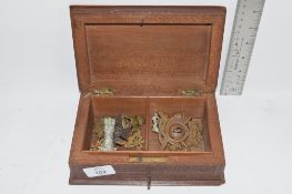 BOX CONTAINING MILITARY CAP BADGES INCLUDING WILTSHIRE REGIMENT, KINGS OWN RIFLES, MIDDLESEX