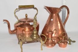 METAL WARES INCLUDING COPPER KETTLE WITH BRASS HANDLE, COPPER JUG, BRASS TRIVET ETC