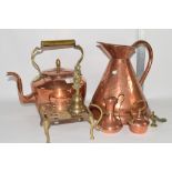 METAL WARES INCLUDING COPPER KETTLE WITH BRASS HANDLE, COPPER JUG, BRASS TRIVET ETC