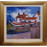 Paul Robinson (contemporary), Norfolk scene with fishing boats by a cafe, oil on canvas, signed