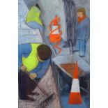 AR Dorothy Morton (1905-1999), Roadworkers, mixed media, signed lower left, 46 x 32cm