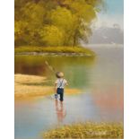 C Manuel (20th century), Young boy fishing, oil on board, signed lower right, 41 x 30cm