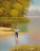 C Manuel (20th century), Young boy fishing, oil on board, signed lower right, 41 x 30cm