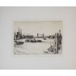 After Leonard Russell Squirrell, Thames scene with London Bridge, black and white etching, 16 x