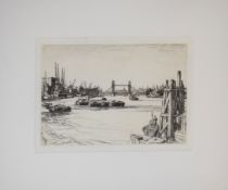 After Leonard Russell Squirrell, Thames scene with London Bridge, black and white etching, 16 x