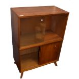 Mid-century teak two-part cabinet, the top with two glass sliding doors, the base with two solid