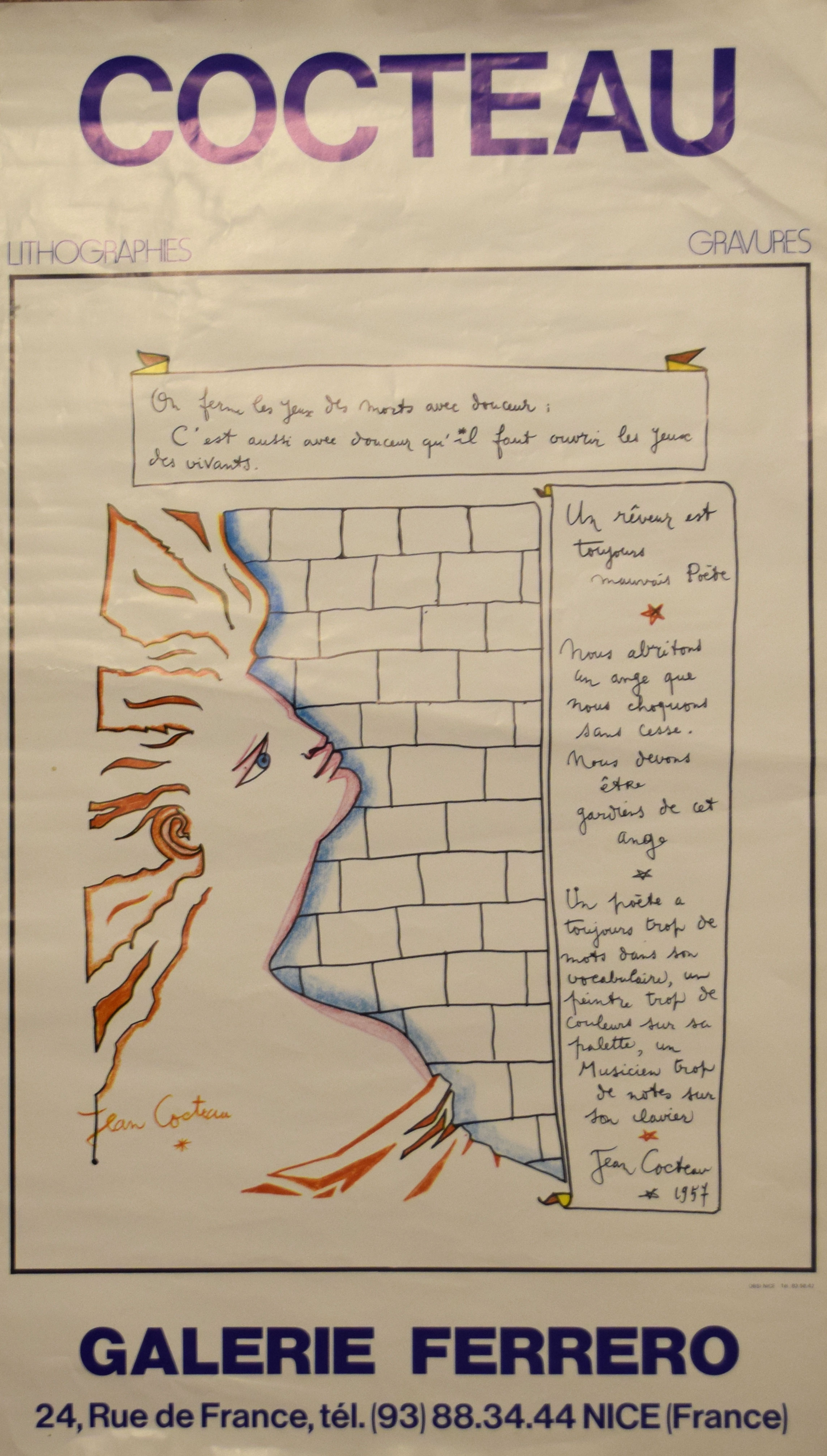 Jean Cocteau, coloured poster for Galerie Ferrero, 24 Rue de France, 59 x 34cm, unframed