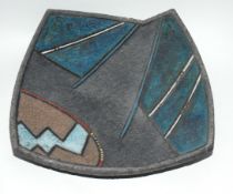 Raku dish by John Kershaw, with a geometric pattern and lustre, 27cm long