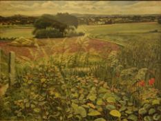 After Sir Stanley Spencer, Country landscape, coloured print, printed The Medici Society, 42 x 56cm