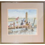 AR Mary Gundry (20th century), Children on a jetty, watercolour, signed and dated 1991 lower