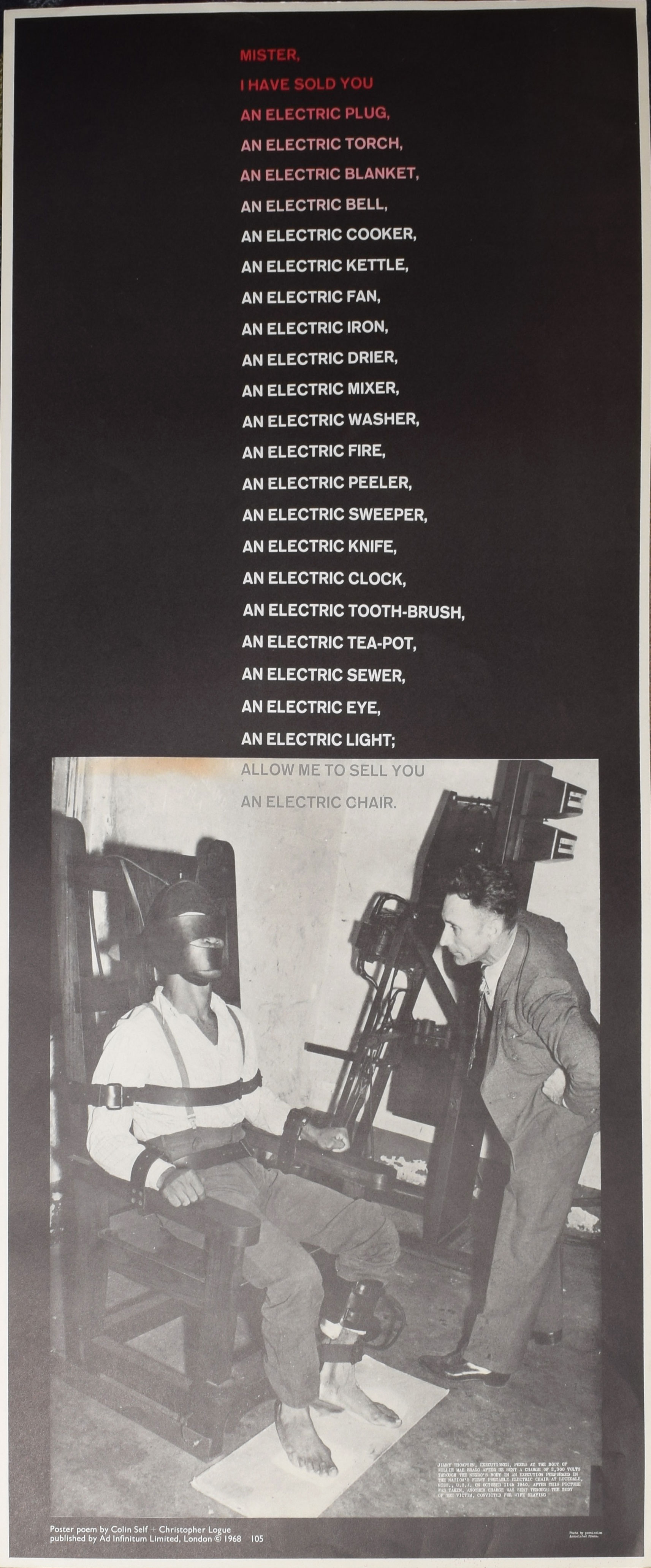 AR Colin Self (born 1941), "Electric Chair", poster poem, Christopher Logue published by Ad