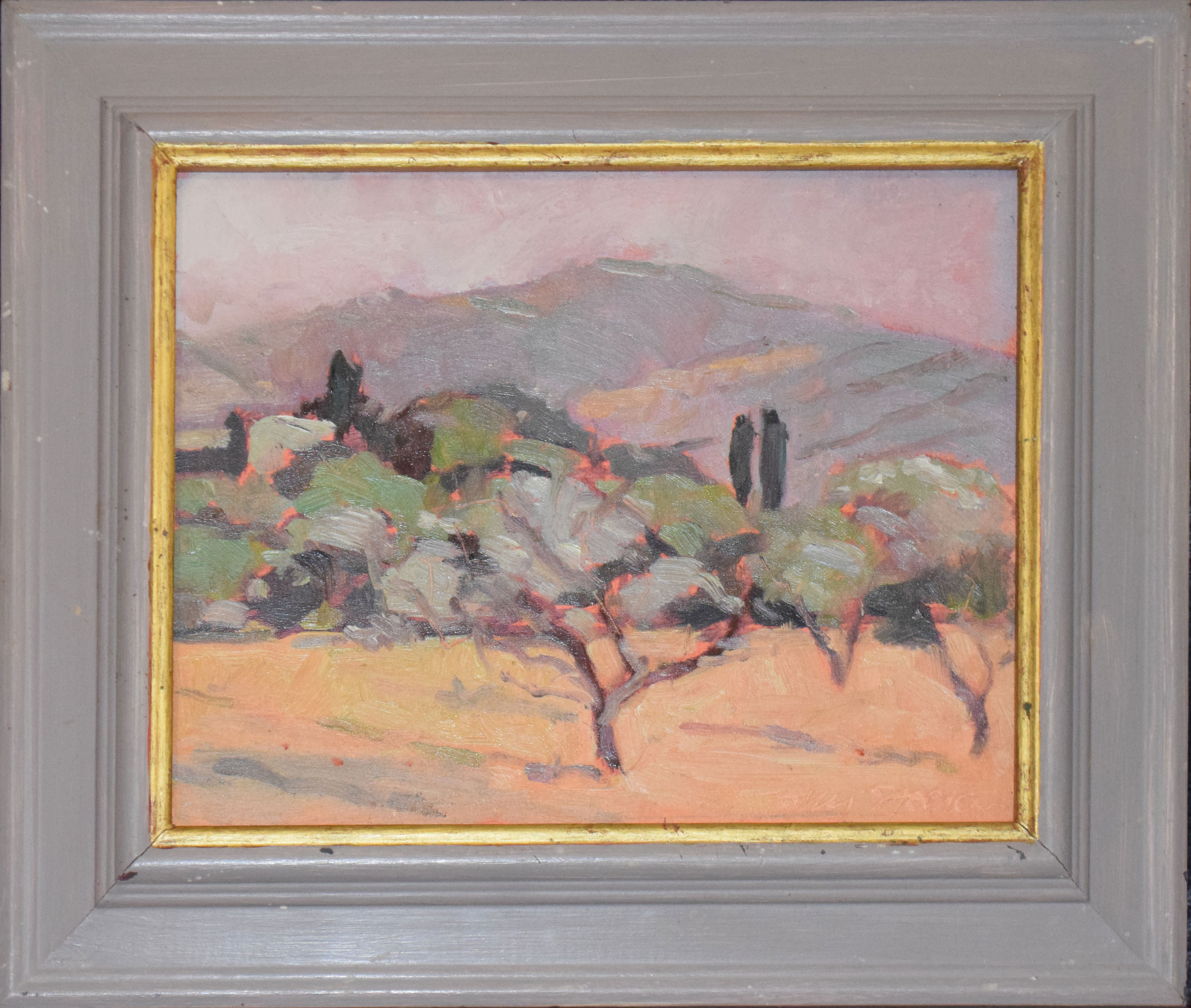 Tony Stocker (20th century), "Tuscany, morning light", oil on board, signed lower right, 20 x 25cm