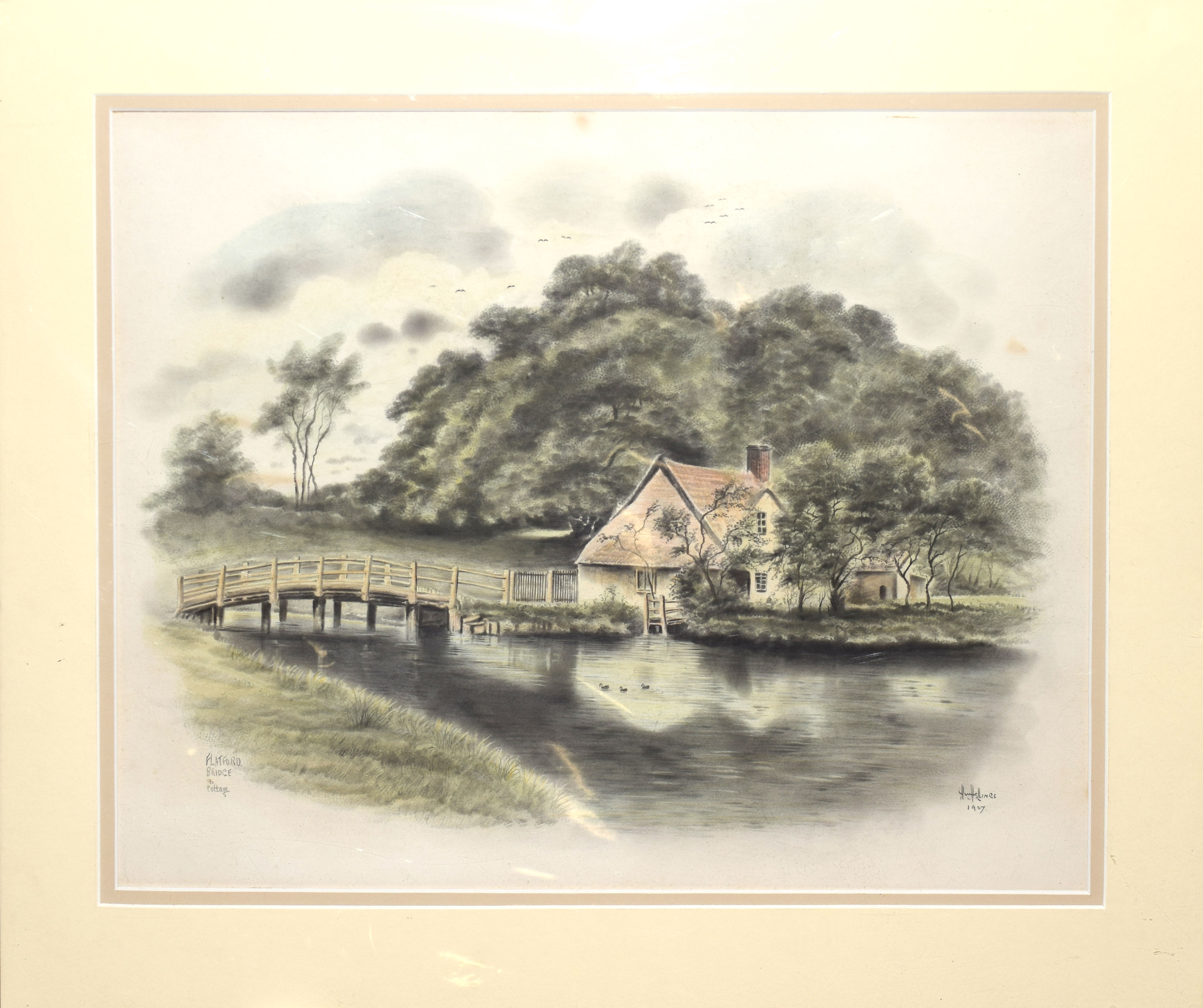 H W Hellings, "Flatford Bridge and cottage", pencil and watercolour, signed, dated 1927 and