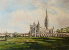 John Sutton, Salisbury Cathedral, oil on board, signed lower right, 55 x 75cm