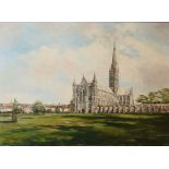 John Sutton, Salisbury Cathedral, oil on board, signed lower right, 55 x 75cm