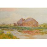 Claude Hayes, River landscape with haystacks, watercolour, signed lower left, 17 x 25cm
