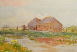 Claude Hayes, River landscape with haystacks, watercolour, signed lower left, 17 x 25cm