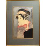 Japanese School (19th century), Portrait study, coloured wood block, 37 x 24cm